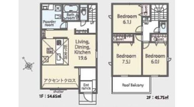 【3LDK】広々とした１９帖超のリビング☆リビングから洗面～浴室へアクセスでき家事動線も良好☆２階は３部屋！個々のプライバシーを守ります◎ルーフバルコニー有り♪