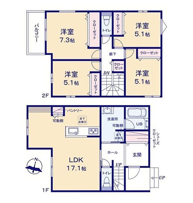 【4LDK】広々とした17帖超のリビング☆家族一人一人のプライベートを大切にできる2階4部屋タイプです♪ゆとりのあるランドリースペースで朝の支度もスムーズに行えます♪