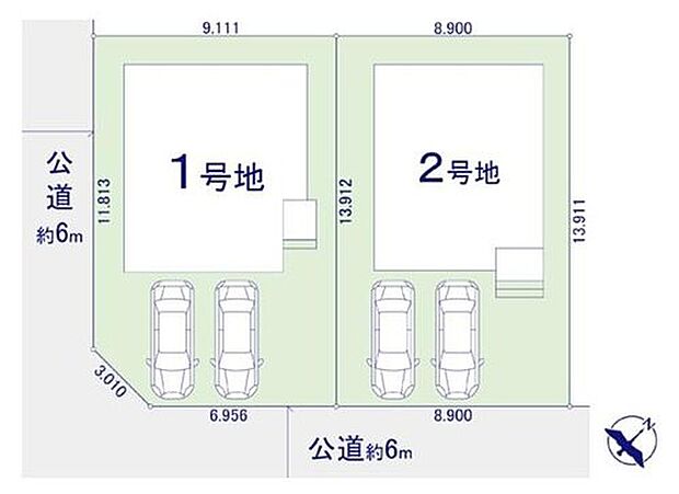 【全体区画図】全２棟♪角地にあり南面道路で見通し、日当たり良好です◎

