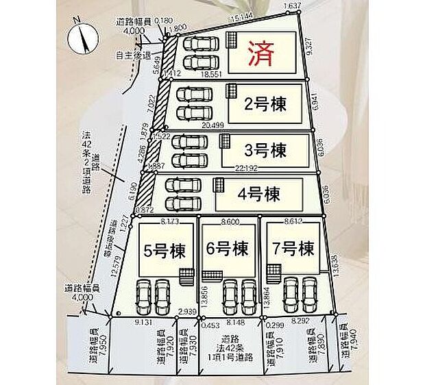 【全体区画図】全７棟☆２方向に道路がありお家に光を届けてくれます駐車２台可能♪