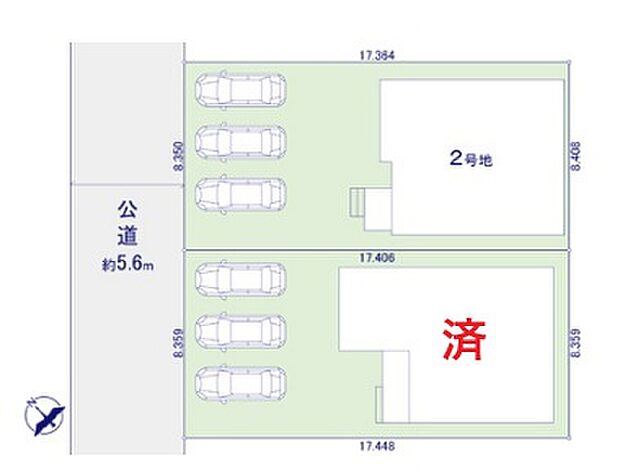 【全体区画図】２棟販売♪各棟駐車３台可能☆複数台車・バイクをお持ちの方も安心です◎