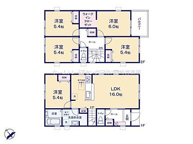 リビングには洋室が隣接☆リビングと一体利用が可能です♪２階には洋室が４部屋あり、家族個々の時間を大切にできます◎水回り集中で家事動線良好な間取りです☆ 