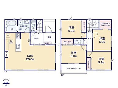 折り上げ天井のある開放感あふれるリビングは広々２０帖♪リビングから洗面～浴室へアクセスできるので家事動線良好です◎２階は４居室で家族のプライバシーを大切にできます☆ 