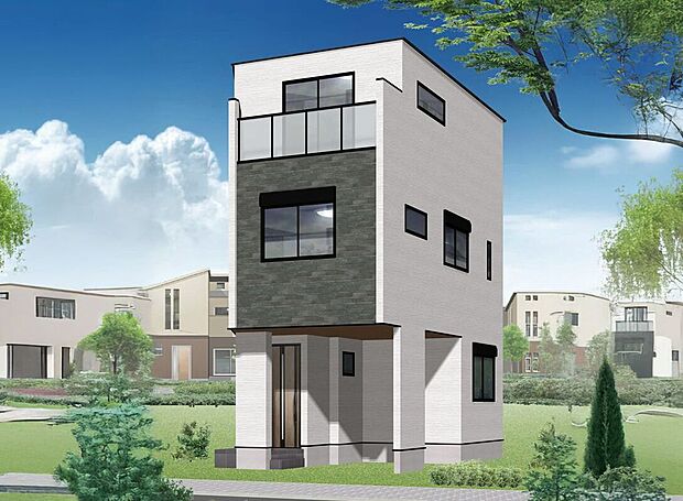 【完成イメージパース】明るい色調の外観が印象的な住まい。家族の笑顔が似合う、温もりあふれるデザインが魅力です。