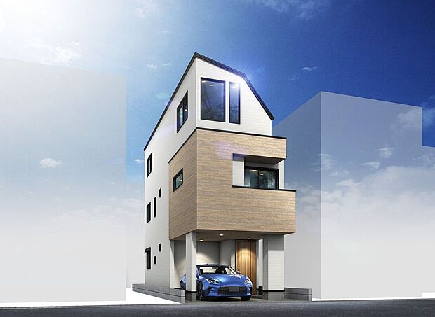 【完成イメージパース】木目調の外観がやさしい印象。季節の移ろいを感じながら暮らせる住まいです。