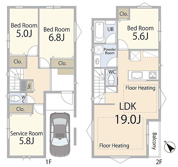 収納や書斎にも使えるサービスルームを備えた2LDK+2S。夫婦ふたりの暮らしや、これから家族が増える方にもぴったりの間取り。
