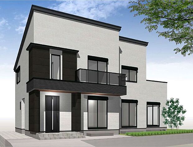 【完成イメージパース】2階建てのすっきりとした外観デザインが魅力。スタイリッシュかつ開放感のある住まいです。