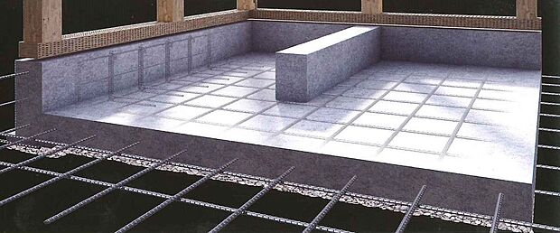 【構造】ベタ基礎「面」で力を受け止める強固な基礎構造のベタ基礎。壁の下部にのみ基礎を巡らせる布基礎工法と異なり、「面」で建物の加重を分散して受け止めます。それにより、不動沈下を起こしにくく、地面から上がってくる湿気も防止。力強く暮らしを支えます。