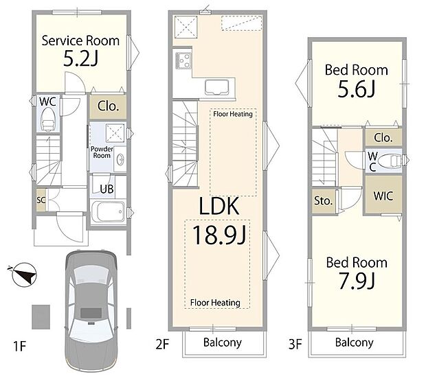 【2LDK+S】9680万円、2LDK+S（納戸）、土地面積57.35m2、建物面積94.86m2 収納や書斎にも使えるサービスルームを備えた2SLDK。夫婦ふたりの暮らしや、これから家族が増える方にもぴったりの間取り。