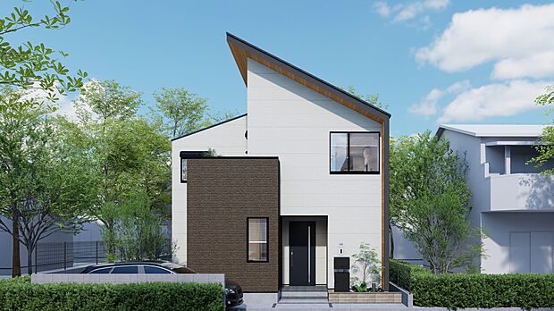 【現地外観写真】【完成イメージパース】  2階建てのすっきりとした外観デザインが魅力。スタイリッシュかつ開放感のある住まいです。