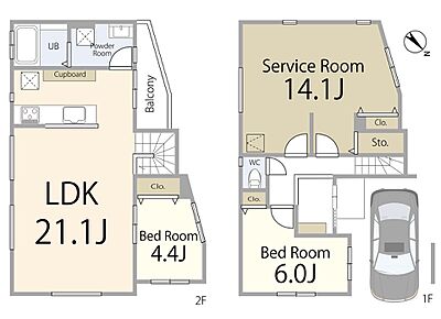 【間取図  収納や書斎にも使えるサービスルームを備えた2SLDK。夫婦ふたりの暮らしや、これから家族が増える方にもぴったりの間取り。 
