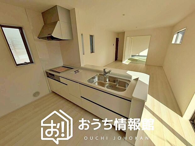 【現地写真(キッチン)】収納たっぷりのシステムキッチン、浄水器付水栓を標準装備しています。