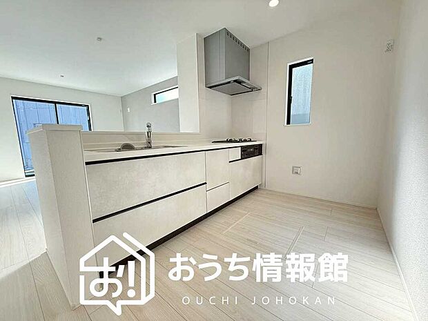 【現地写真(キッチン)】収納たっぷりのシステムキッチン、浄水器付水栓を標準装備しています。