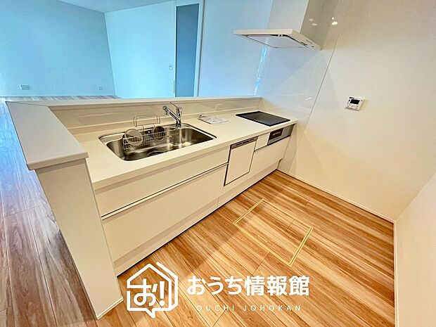 【現地写真（キッチン）】収納たっぷりのシステムキッチン、浄水器付水栓を標準装備しています。
