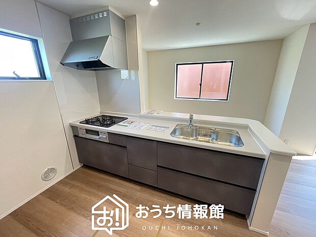 【現地写真(キッチン)】収納たっぷりのシステムキッチン、浄水器付水栓を標準装備しています。