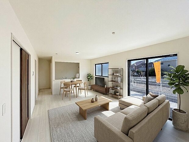 【LDK 18帖:1号棟】
各棟33坪超のゆとりある敷地を生かしたLDK15.5帖以上の3部屋ファミリープラン!