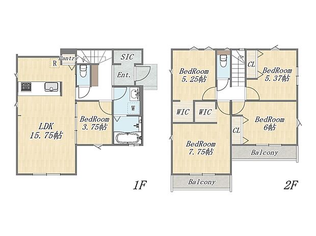 【参考プラン：1号地】Plan：5LDK+2WIC+SIC+Pantry+カースペース2台可
建物面積：103m2
建物価格：2003万円