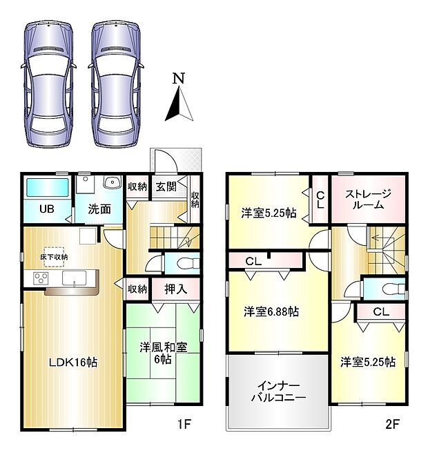 1号棟4SLDK 土地面積:130.53m2 建物面積:107.65m2 駐車2台可