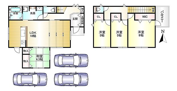4LDK 土地面積:137.78m2 建物面積:104.2m2 駐車スペース3台