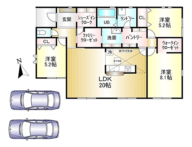 １号棟　3LDK＋WIC　建物面積：99.78ｍ2　土地面積：224.72ｍ2　駐車スペース2台