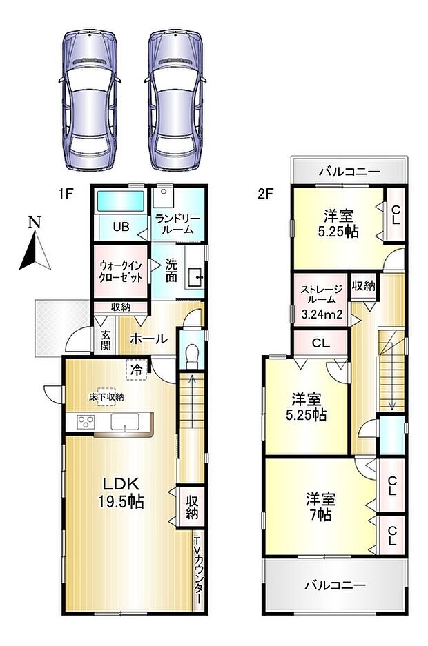 3SLDK+WIC　土地面積：188.65ｍ2　建物面積：111.78ｍ2　駐車2台可