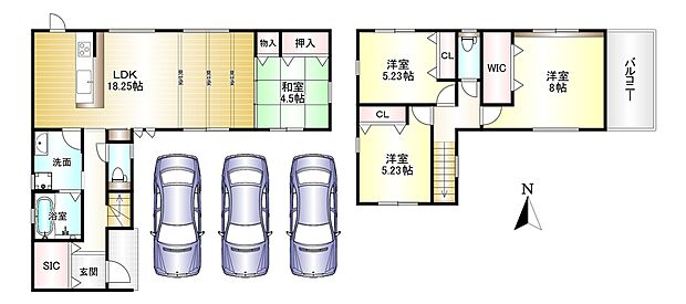 4LDK 土地面積:147.87m2 建物面積:102.26m2 駐車スペース3台