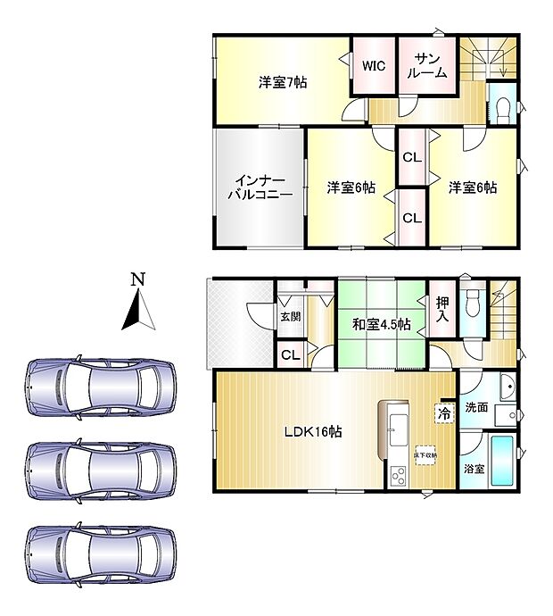 4SLDK 土地面積:155.52m2 建物面積:108.54m2 駐車3台可