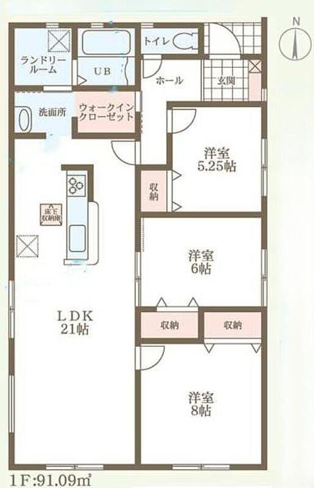 (1号棟)、3LDK、土地面積165.13m2、建物面積91.09m2