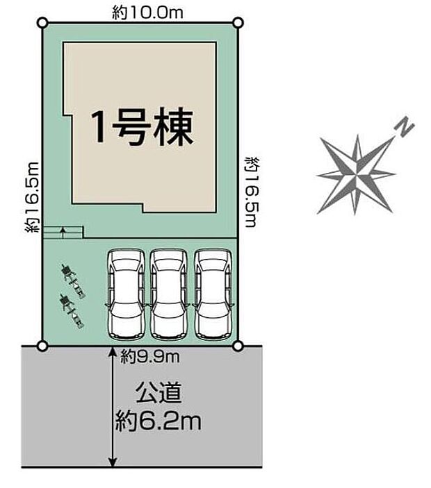 【区画図】
閑静な住宅地☆カースペース3台分ございますので、来客用の駐車スペースとしてもお使いいただけます♪自転車を駐輪するスペースもございます♪