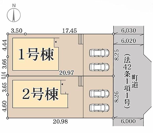 ≪区画図≫
全２棟♪カースペース２台分ございますので、家族分の自転車を駐輪したり、来客用の駐車スペースとしてもお使いいただけます♪前面道路幅6ｍ♪