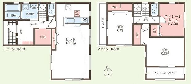 (１号棟)、2LDK+S、土地面積110.22m2、建物面積102.46m2