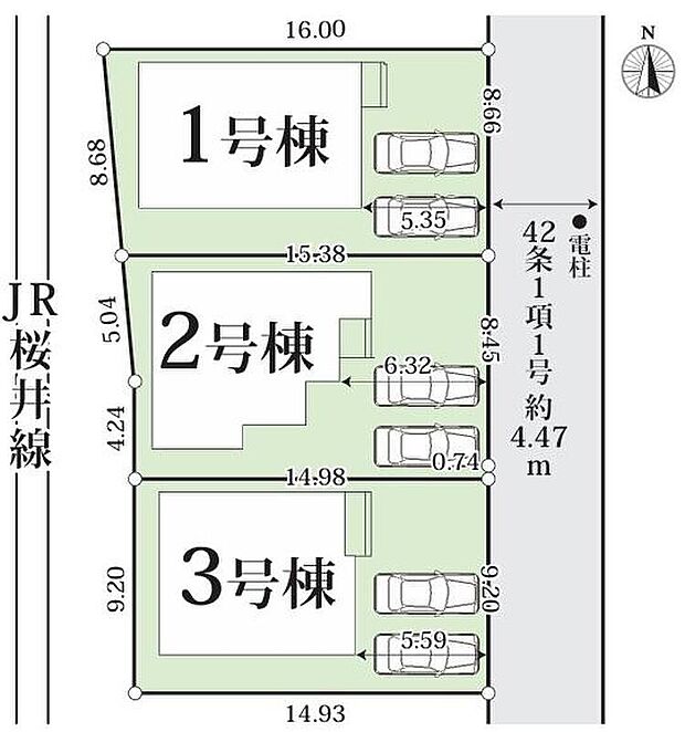 【全体区画図】全3棟♪カースペースは、並列で2～3台可能♪（車種による）ご家族分の自転車を駐輪したり、来客用の駐車スペースとしてもお使いいただけます♪