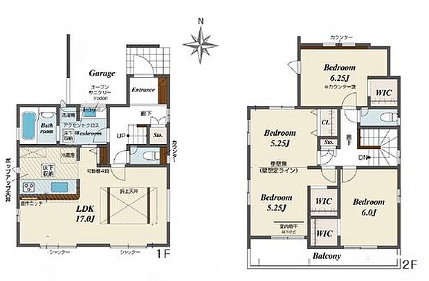 【3LDK】開放感溢れる折上天井採用のリビングは広々17帖！
2階の主寝室は、仕切れる『主寝室可変型』タイプ☆ライフスタイルの変化に対応できます♪
2部屋から行き来できるバルコニー♪