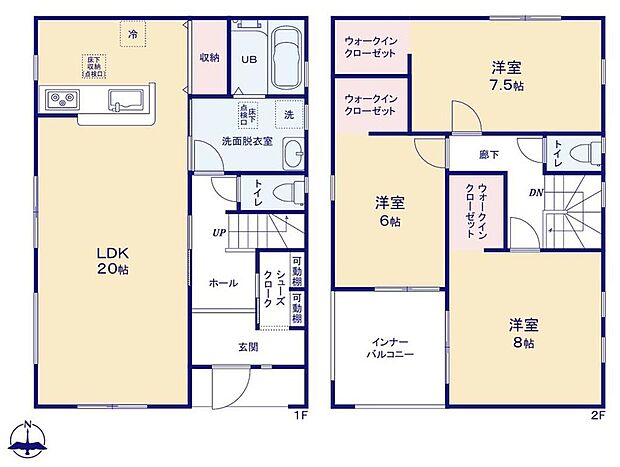 【3LDK】会話が弾むカウンターキッチン！パントリーとしても使える収納付き♪
玄関SICに、ベビーカーやキャンプ用品がラクラク収納できます♪
2階全室にWIC！お部屋を広く使えます♪広々インナーバルコニー♪