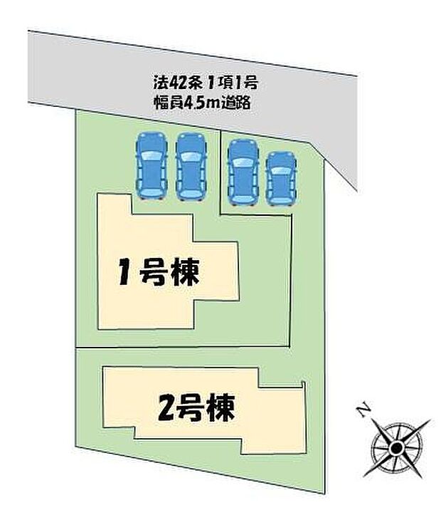 【全体区画図】カースペース2台分ございます（車種によります）ので、家族分の自転車を駐輪したり、来客用の駐車スペースとしてもお使いいただけます♪空いたスペースには、ガーデニングもオススメです♪