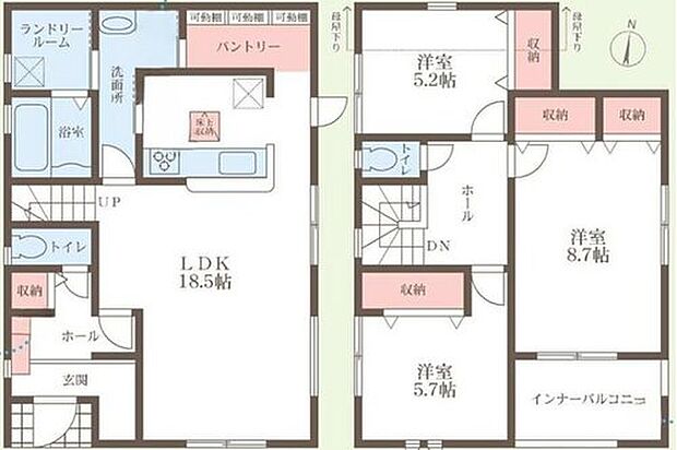 【3LDK】○パントリールーム完備♪
○18.5帖の広々LDK♪キッチンには生活動線がラクになる勝手口付き♪
○全室収納＆廊下にも収納！収納スペースの有効活用で、片付け上手に♪