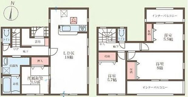 【4LDK】○１８帖＋和室のLDK♪リビングにいるご家族の様子が一目で分かる、対面式キッチン♪
○全居室収納付き♪
〇雨の日にうれしいインナーバルコニー♪