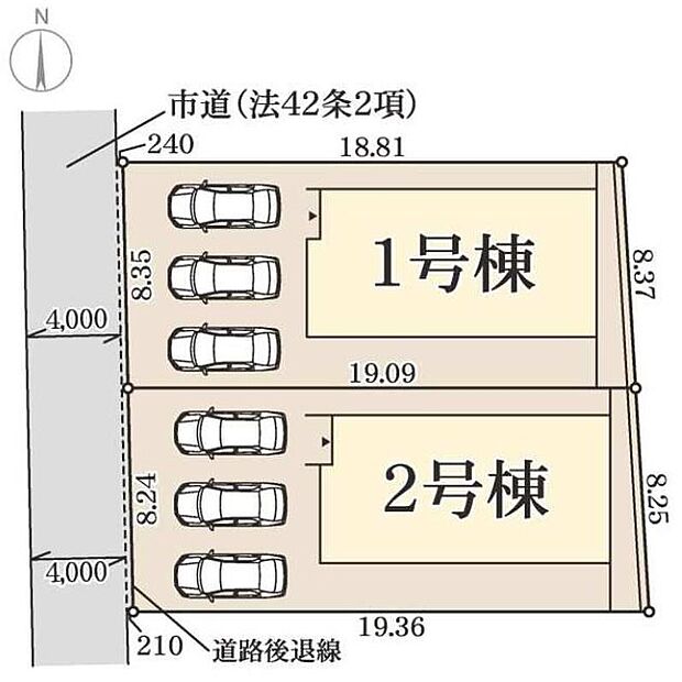 【全体区画図】カースペース3台分ございますので、家族分の自転車を駐輪したり、来客用の駐車スペースとしてもお使いいただけます♪