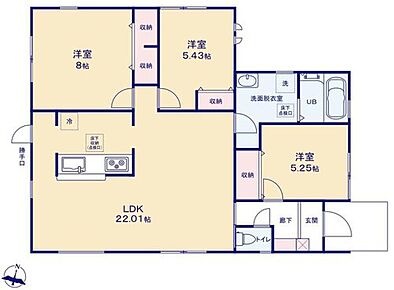 ○平屋のお住まい♪家事動線が短くて済みます♪
○２２帖超のLDK♪リビングにいるご家族の様子が一目で分かる、対面式キッチン♪
○全居室収納付き♪ 