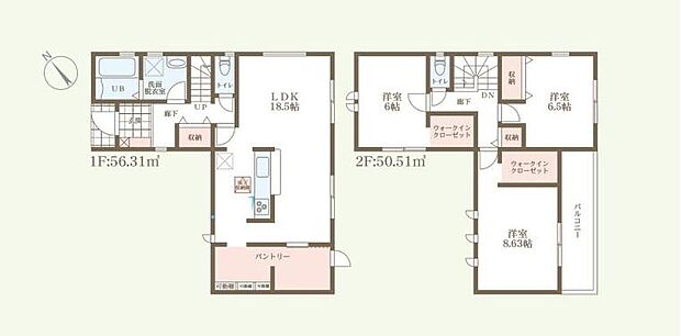 【3LDK】◇動線良好なキッチンを採用したリビングは広々18.5帖！
◇キッチンパントリーは、収納スペースとしても作業スペースとしてもお使いいただけます♪
◇2階2部屋に広々WIC付きです♪