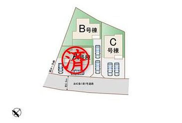 【全体区画図】JR「京終」駅まで徒歩13分♪カースペース２台分ございますので、家族分の自転車を駐輪したり、来客用の駐車スペースとしてもお使いいただけます♪