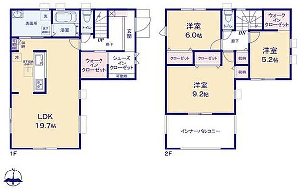 【3LDK】○玄関にSICを完備♪お客様を迎える玄関をいつもスッキリできます♪
○１階廊下と２階５．２帖洋室にWIC付き♪全居室収納付きでお部屋を広くお使いいただけます♪
○広々インナーバルコニー付き♪