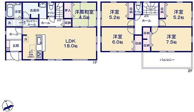 【5LDK】◇家族のコミュニケーションを重視した対面式キッチン・リビングイン階段プランです♪◇「和室」付き♪
◇キッチン側からも廊下からも行き来ができる洗面所！忙しい朝もみんながスムーズに♪◇全居室収納付き♪
