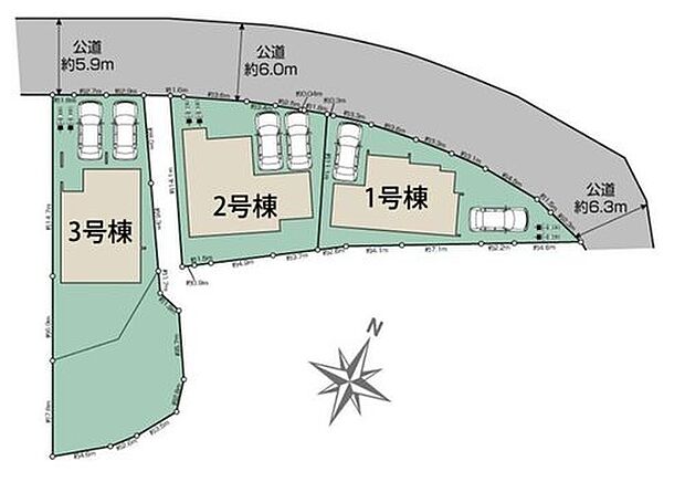 【全体区画図】カースペース２台分ございますので、家族分の自転車を駐輪したり、来客用の駐車スペースとしてもお使いいただけます♪空いたスペースには、花や緑で彩るガーデニングもオススメです♪