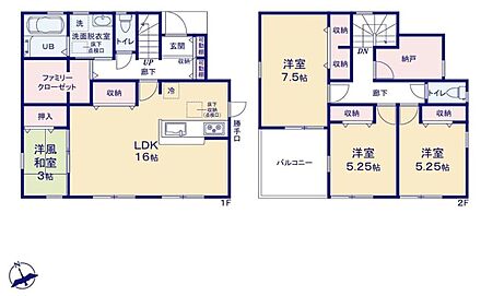 ◇1階に、大収容力のファミリークローゼット＆2階に、窓付きのストレージルーム＆全居室収納＆LDKにも収納スペース付き♪収納豊富なお住まい♪◇寛ぐのに丁度いい広さの「洋風和室」付き♪ 