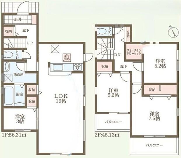 【3LDK】○広々19帖LDK♪○WIC、LDK・全居室・1、2階廊下に収納スペース付き♪お部屋を広くお使いいただけます♪○お洗濯物と趣味のスペースとに分けて使える!2つのバルコニー♪
