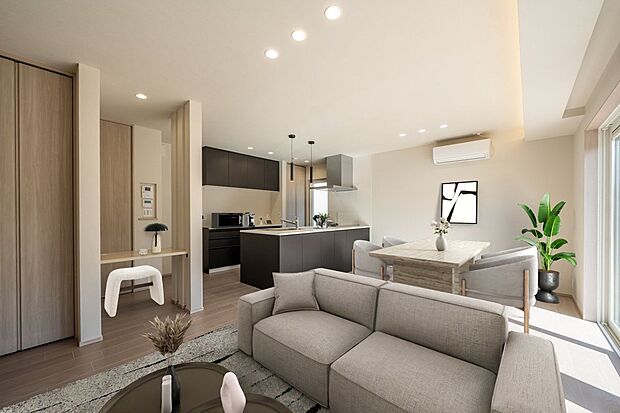 ■4号地リビングLDKは16.5帖（ワークスペース含む）。大きな窓からはテラスに出ることができます。内と外がゆるやかに繋がるLDKは、明るく心地よい空間です。※CG合成にて家具を設置