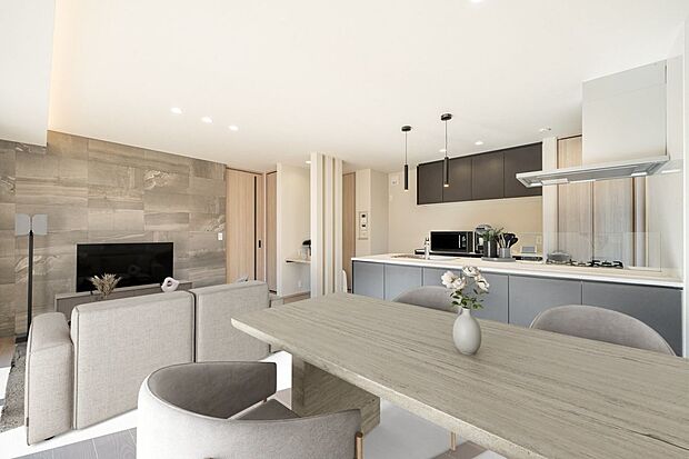 ■4号地リビング約16.5帖（ワークスペース含む）のLDK。リビング・ダイニング・キッチンがひと続きの間取りで、家族のつながりを感じやすい設計です。生活動線もスムーズです。※CG合成にて家具を設置