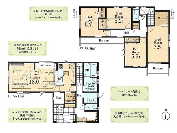 1階は南向きLDKで陽当りがとても良い空間です。ランドリルームや浴室水廻りが同フロアなので、家事動線も良好です!
2階は洋室全4室で収納力もあり、使い勝手の良い間取りとなっています。