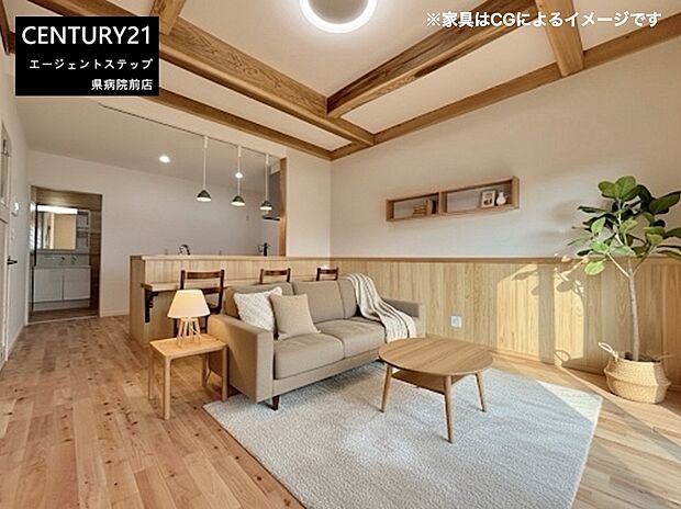 温かみのある木目調の床と天井梁が印象的なデザインです。広々とした空間が開放感を生み出しています。ナチュラルな雰囲気で統一された室内は落ち着いた印象を与えます。